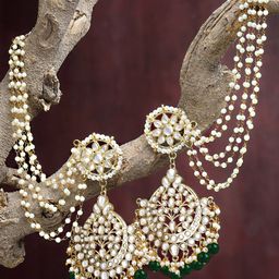 KARATCART Gold-Plated Kundan-Studded Drop Earrings With Kaanchain-34