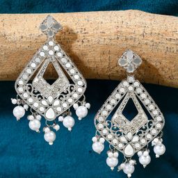 Yellow Chimes Silver-Plated & White Oxidised  Geometric Designed Dangler Drop Earrings-image-47