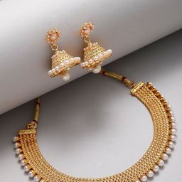 ZENEME Women Gold-Plated  White Stone Studded & Pearls Beaded Jewellery Set-image-99