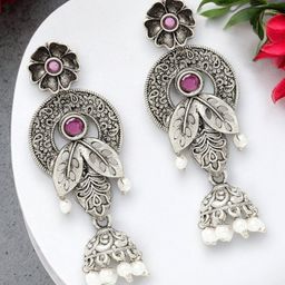 ADIVA Silver-Plated Oxidised Stone & Pearls Dome Shaped Jhumkas-14