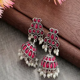 UNIVERSITY TRENDZ Silver Plated Stone Studded & Beaded Oxidised Dome Shaped Jhumkas-image-67