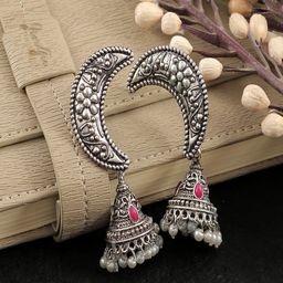 UNIVERSITY TRENDZ Silver Plated Stone Studded & Beaded Oxidised Dome Shaped Jhumkas-49