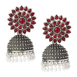 Shining Jewel - By Shivansh Silver-Toned & Red Dome Shaped Jhumkas Earrings-15