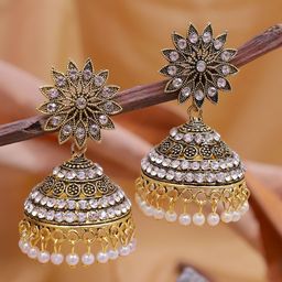 Crunchy Fashion Women Gold-Plated Dome Shaped Jhumkas Earrings-13