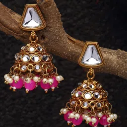 ZENEME Pink Dome Shaped Jhumkas Earrings-image-15