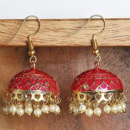 OOMPH Pink & Gold-Toned Enamelled Pearl Beaded Dome Shaped Jhumkas Earrings-4