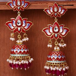 OOMPH Red Dome Shaped Jhumkas Earrings-image-0