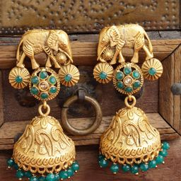 PANASH Gold-Toned & Green Dome Shaped Jhumkas Earrings-57