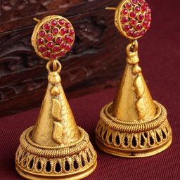 PANASH Gold-Toned & Red Dome Shaped Jhumkas Earrings-6