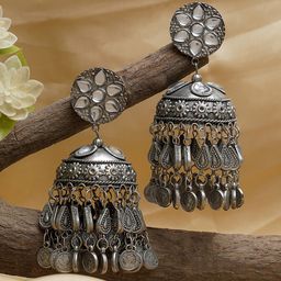 TEEJH Silver-Plated Dome Shaped Stone Studded Jhumkas-53