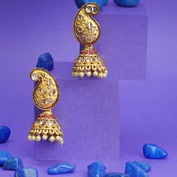 Adwitiya Collection Gold-Plated Stone-Studded & Beaded Dome Shaped Jhumkas-image-48
