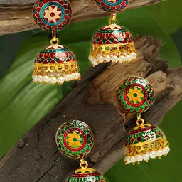 Yellow Chimes Set Of 2 Gold-Plated Meenakari Jhumka Earrings-23