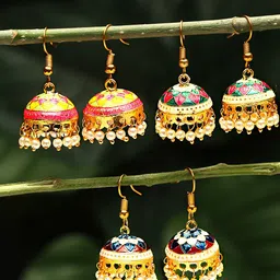 Yellow Chimes Set Of 3 Gold-Plated Meenakari Jhumka Earrings-16