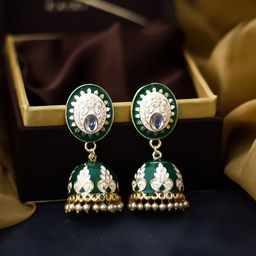 Bellofox Gold Toned & Green Artificial Beads Jhumkas-6