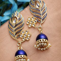 PANASH Blue & Gold-Plated Kundan Stone Leaf Shaped Jhumkas Earrings-picture-35
