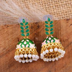 Crunchy Fashion Gold-Plated Leaf Shaped Jhumkas Earrings-10