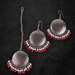 Ozanoo Silver-Toned & White Circular Drop Earrings With Maang Tikka-14