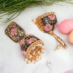 Anouk Gold-Plated Meenakari Floral Jhumkas Earrings-34