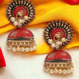 Anouk Red Gold Plated Pearl Beaded Floral Jhumkas-56