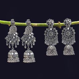 PRIVIU Set Of 2 Silver-Plated Peacock Shaped Artificial Stones Studded Oxidised Jhumkas-55