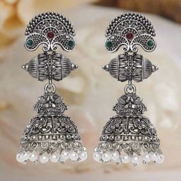 Jazz and Sizzle Silver Plated Artificial Stones and Beads Peacock Shaped Jhumkas-20