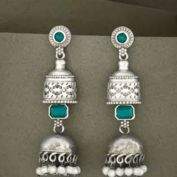 ATIBELLE Silver Plated Stone Studded & Beaded Oxidised Jhumkas-image-53
