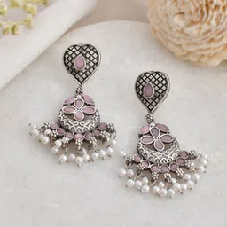 DASTOOR Silver Plated Stone Studded & Beaded Contemporary Oxidise Drop Earrings-image-82