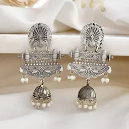 DASTOOR Silver Plated Oxidised Contemporary Jhumkas-53