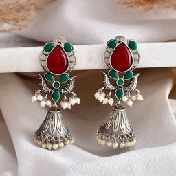 DASTOOR Silver-Plated Stone-Studded & Beaded Silver Diamond Shaped Oxidised Jhumkas-image-82