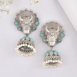 DASTOOR Silver-Plated Contemporary Jhumkas Earrings-46
