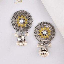 DASTOOR Silver-Plated Stone-Studded & Beaded Silver Diamond Shaped Oxidised Jhumkas-image-13