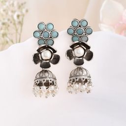 DASTOOR Silver-Plated Beaded & Stone Studded Floral Jhumkas-image-87