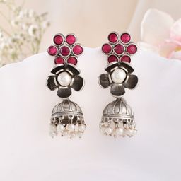 DASTOOR Silver-Plated Stone Studded & Beaded Oxidised Floral Jhumkas-image-32