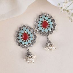 DASTOOR Silver-Plated Contemporary Oxidised Jhumkas-image-46