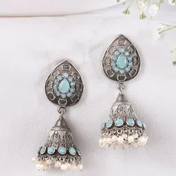 DASTOOR Silver-Plated Teardrop Shaped Jhumkas Earrings-34