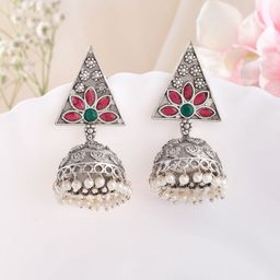 DASTOOR Silver-Plated Stone-Studded & Beaded Dome Shaped Jhumkas-image-93