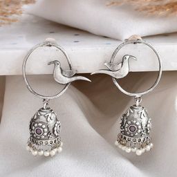 DASTOOR Silver Bird Shaped Jhumkas Earrings-image-77