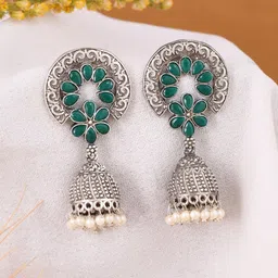 DASTOOR Silver Oxidised Contemporary Jhumkas-17