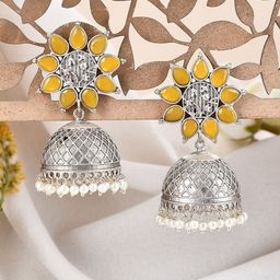 DASTOOR Silver-Plated Beaded & Stone Studded Classic Jhumkas-image-48