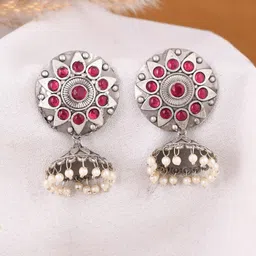 DASTOOR Gold Plated Stone Studded & Beaded Contemporary Oxidised Jhumkas-1