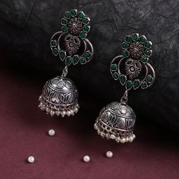 justpeachy Green Stone Studded Dome Shaped Jhumkas Earrings-image-88