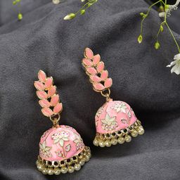 SOHI Pink & Gold-Plated Designer Leaf Shaped Contemporary Jhumkas Earrings-20