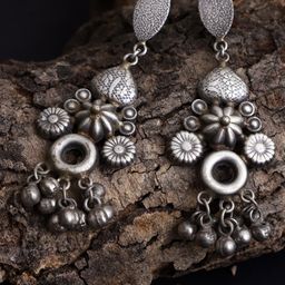 VENI Silver-Toned Floral Silver-Plated Jhumkas Earrings-8