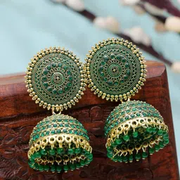 Crunchy Fashion Gold-Plated & Green Dome Shaped Jhumkas-29