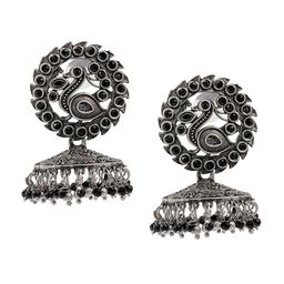 Shining Jewel - By Shivansh Cubic Zirconia Oxidised Silver Plated Dome Shaped Jhumkas-41