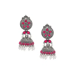Shining Jewel - By Shivansh Silver Plated Cubic Zirconia Dome Shaped Oxidised Jhumkas-picture-46