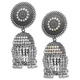 Shining Jewel - By Shivansh Gold Plated Cubic Zirconia Dome Shaped Oxidised Jhumkas-16