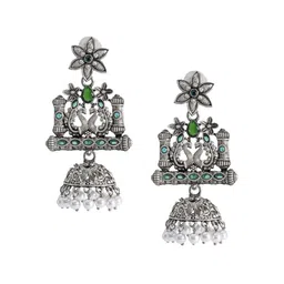 Shining Jewel - By Shivansh Silver-Plated Brass Oxidised Contemporary Jhumka Earrings-34