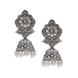 Shining Jewel - By Shivansh Silver Plated Cubic Zirconia Dome Shaped Oxidised Jhumkas-44