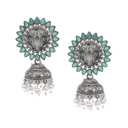 Shining Jewel - By Shivansh Silver-Plated Cubic Zirconia Studded Dome Shaped Jhumkas-14